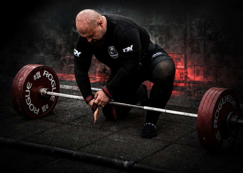 Vlad chalking his hands before a deadlift, Rogue plates loaded on the bar